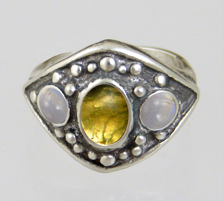 Sterling Silver Medieval Lady's Ring with Citrine And Rainbow Moonstone Size 8